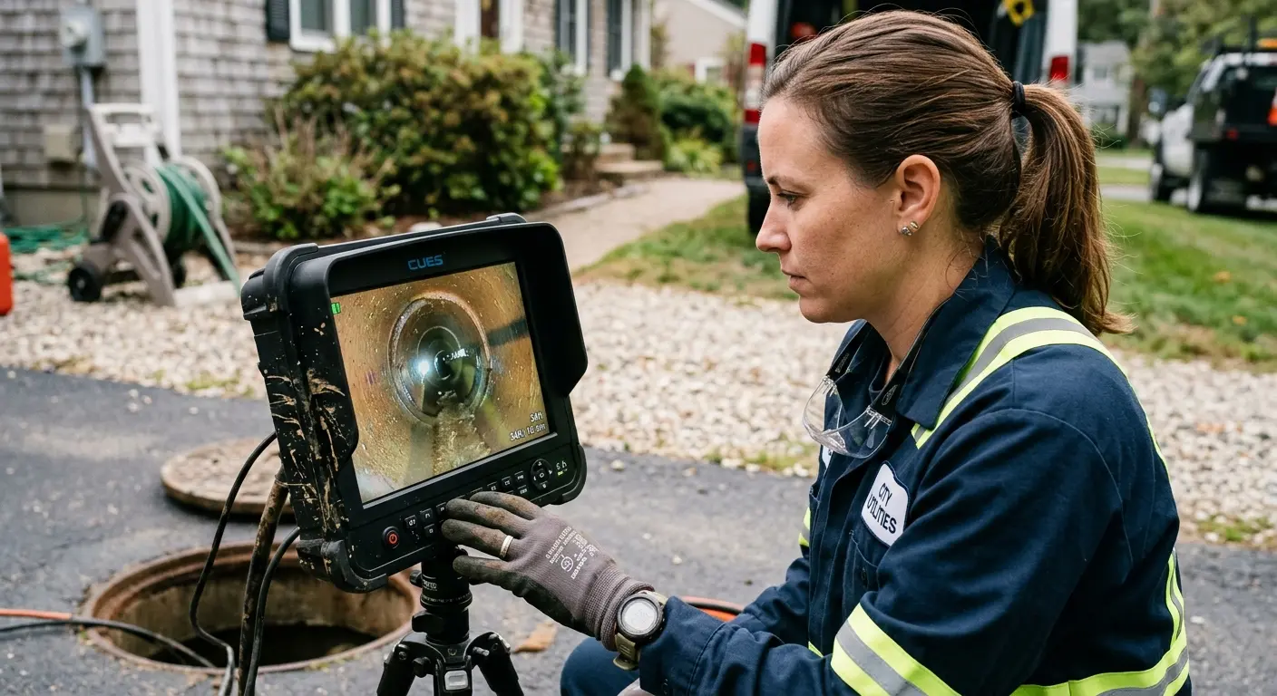 Technician reviewing sewer camera inspection footage in Summit