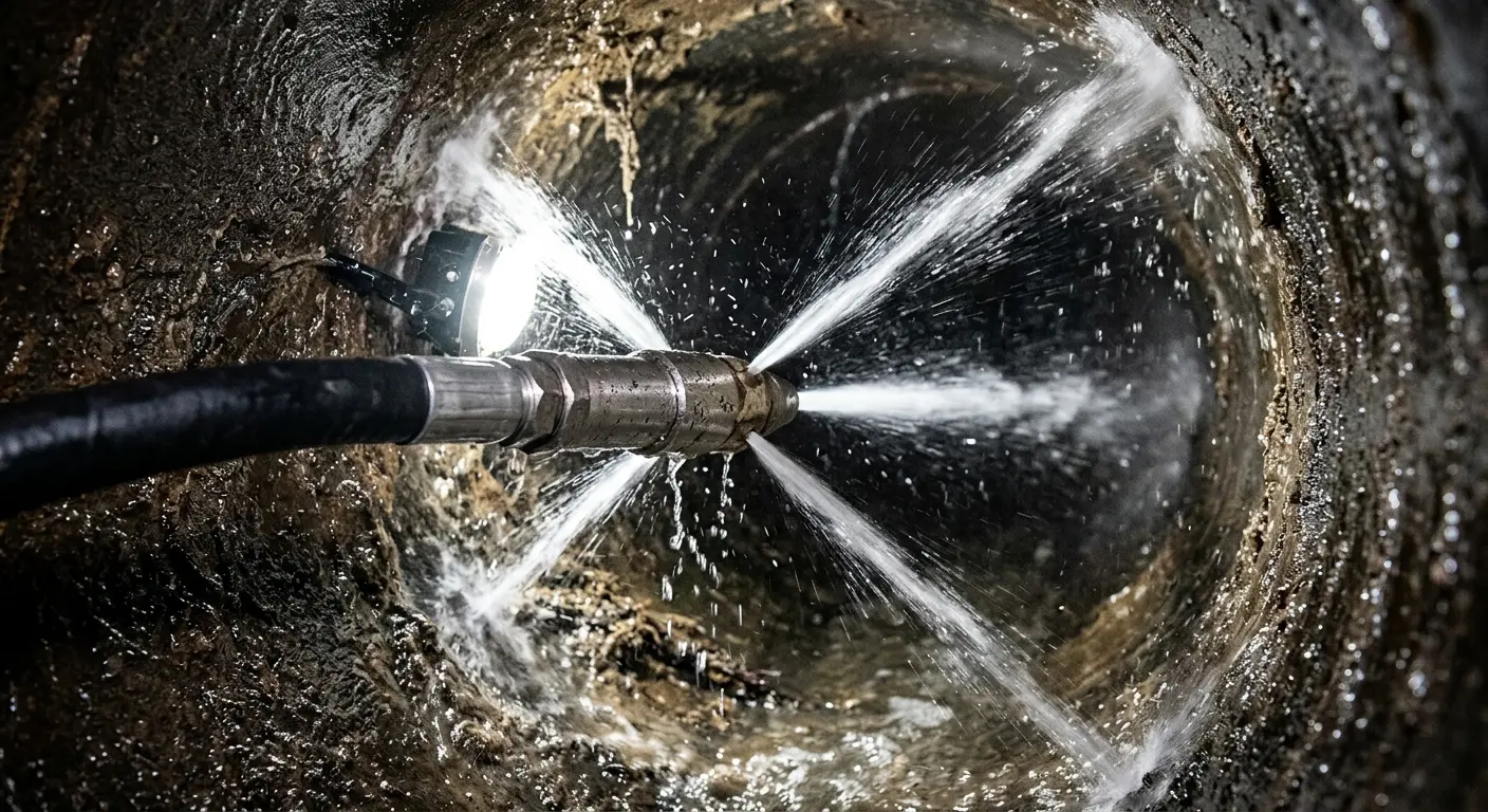 High-pressure hydro jetting nozzle cleaning sewer pipe for Sewer Cleanout in Summit